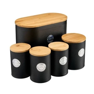 Kitchen Storage Set Sugar Tea Coffee Bread Biscuit Bin Bamboo Lids Black Silver - Picture 1 of 3