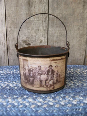Very Small Early Antique Tin Pail Old  Photo Print Pioneer Family - Image 1 of 4