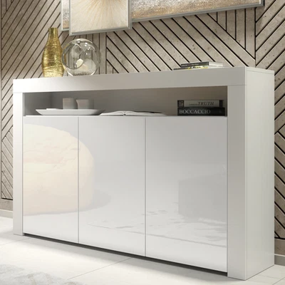 White Matt Sideboard 155cm High Storage Cabinet with Stylish White Gloss Doors - Image 1 of 4