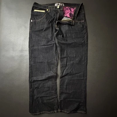 RGIN Jeans Mens 40 Black Straight Leg Denim Yellow Croc Trim Designer Patch - Image 1 of 4