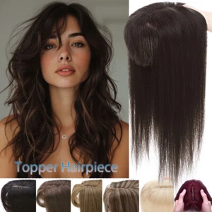 100% Remy Human Hair Topper Toupee with Bangs Clip In Silk Base Hairpiece Wig US - Picture 1 of 86