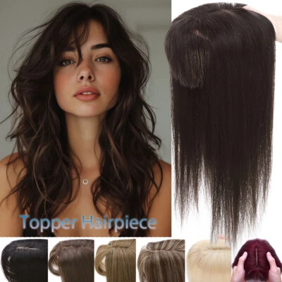 100% Remy Human Hair Topper Toupee with Bangs Clip In Silk Base Hairpiece Wig US - Image 1 of 4