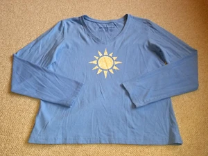 Womens Top-LIFE IS GOOD-blue cotton knit "Crusher" sun design cropped ls-M - Picture 1 of 5