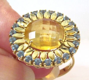Milor 14K Gold Round Checkerboard Citrine & Blue Topaz Concave Petal Ring size 8 - Picture 1 of 15