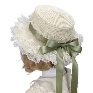 Women Victorian Bonnet Hat Lace Ribbon Bowknot Straw Hat for Teaparty Costume - Picture 1 of 24