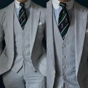 Men's Grey Striped Spring Suit Business Wear Wedding Notch Lapel Single Breasted - Picture 1 of 12