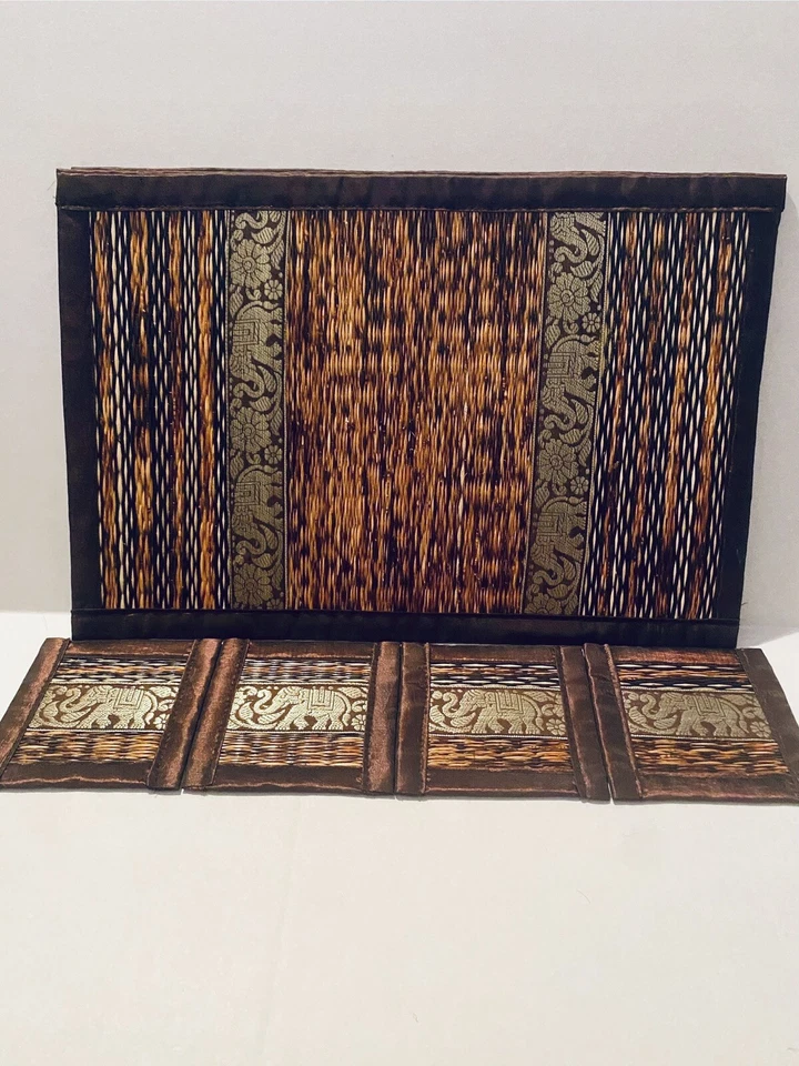 Thailand Coaster And Placemat Set Thai Lace Elephant Pattern Handmade Reed - Image 1 of 4