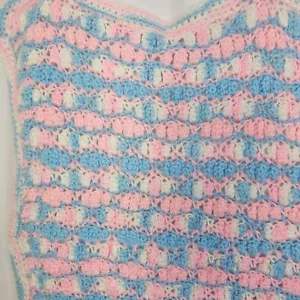 Handmade Blue White Pink Crochet Knit Baby Blanket 54" x 44" Cotton Candy Colors - Picture 1 of 4