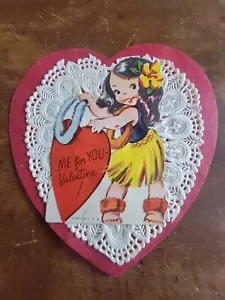 "Me For You Valentine"" hawaiianischer Hula Mädchen-Leigh Vintage 1950er Spitzen-Valentinstag - Bild 1 von 2