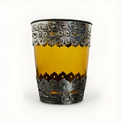 Filigrana folheada a prata vintage vidro âmbar 4,5” metal superior e inferior feita à mão - Imagem 1 de 4