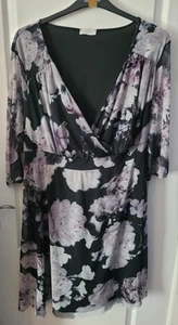 Faux Wrap Yours Clothing monochrome floral Black white and grey dress size 26-28 - Picture 1 of 1