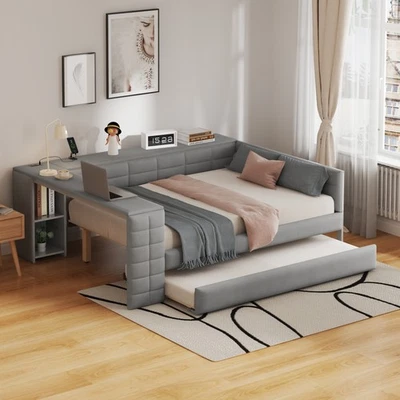 Cama plataforma tapizada tamaño completo sofá cama con estantes de almacenamiento/escritorio/nido gris Foto 1 de 4