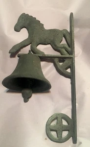 VINTAGE CAST IRON DOOR BELL WITH HORSE WALL MOUNT METAL Patina Needs String - Picture 1 of 11