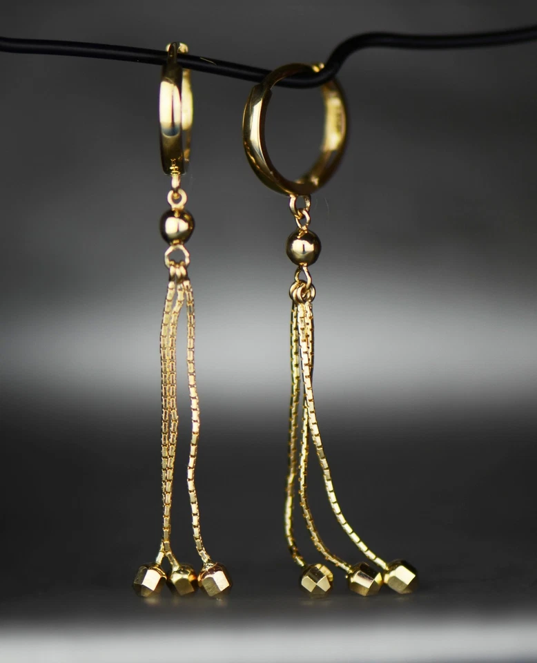 14k Yellow / White Gold Dangle Ball Chain Huggie Earrings - Image 1 of 1