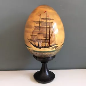 Vintage Large Russian Wooden Hand Painted Lacquered Egg - Sailing Ship - Signed - Picture 1 of 10