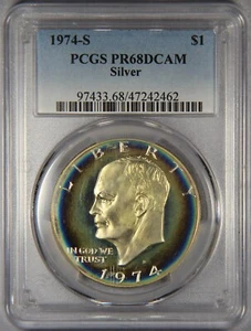 1974-S Eisenhower Silver Dollar - PCGS PR68DCAM - Bullseye RainbowToning! - Bild 1 von 2