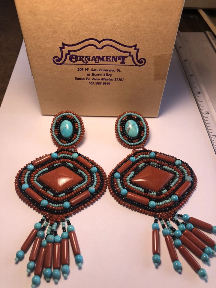 Pendientes hechos a mano nativos americanos con turquesa, jaspe rojo y cuero de 4 pulgadas Foto 1 de 4