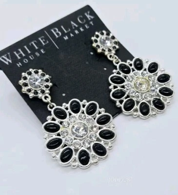 White House Black Market Earrings NEW Black White Deco Flower Crystal Accent 2" - Image 1 of 4