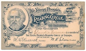 1895 The Young People's Reading Circle of Indiana card. Henry W. Longfellow - Picture 1 of 3
