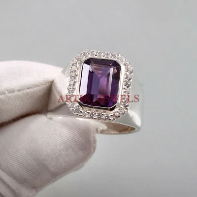 Natural Amethyst Gemstone with 14K White Gold Plated Silver Ring for Men's #3458 - Image 1 of 4