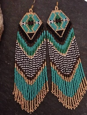 Серьги племенные индейские большие богемные американские бусины ручной работы серьги - Изображение 1 из 4