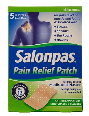 SALONPAS Pain Relief Patch - 5 Pack - Medicated Plaster for Joint & Muscle Pain