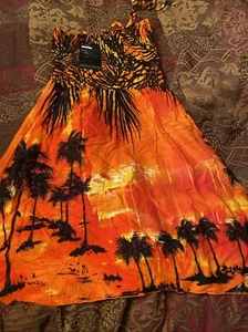 Women’s XL Sleeveless Mini Halter Tropical Stretch Sundress Orange/ Yellow/ Bla - Picture 1 of 8