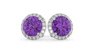 Aretes con halo de amatista natural y topacio blanco estampados de plata de ley 925 Foto 1 de 3