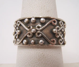 VTG STERLING SILVER RING WIDE BAND DECORATED SIZE 7.5 - Picture 1 of 6