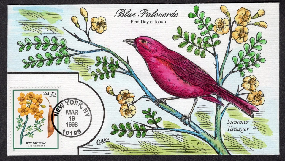 1998 Blue Paloverde & Summer Tanager (3194) - Collins Hand Colored FDC NS401 - Image 1 of 1
