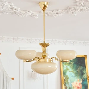 European Retro Multi Heads Pendant Light Cream Glass Shade Semi Flush Lighting - Picture 1 of 12