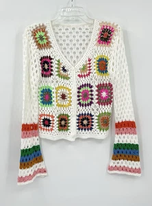 GRANNY SQUARE Cárdigan Suéter Crochet Hippie Boho Manga Acampanada Años 70 Retro S - Imagen 1 de 5