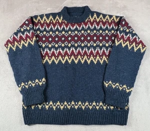 Vintage Hand Knit Nordic Style Sweater Mens L Blue Wool Pullover Fair Isle Heavy - Picture 1 of 11