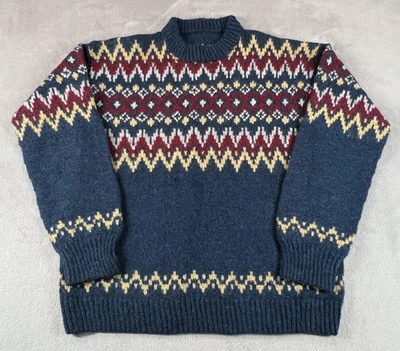 Vintage Hand Knit Nordic Style Sweater Mens L Blue Wool Pullover Fair Isle Heavy - Image 1 of 4