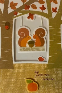 Modern Hallmark Thanksgiving Card UNUSED Die Cut Squirrels Hanging From Tree - Picture 1 of 4