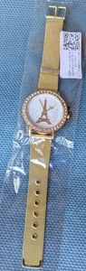 Paris Eiffel Tower Gold Tone Watch With Rhinestones. Stainless Steel Back. New - Afbeelding 1 van 7