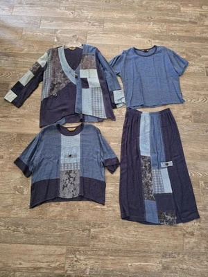 Spencer Alexis, Mujer Vintage 4 Piezas, Chaqueta Denim Patchwork, Falda, 2 Camisas Foto 1 de 4