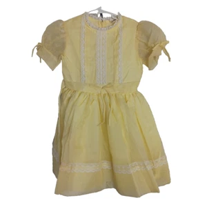 Claire Brook Yellow Dress Vintage Girls Size XL Swiss Dot Lace and Bows Flawed - Picture 1 of 13