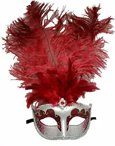 Máscara de pluma veneciana roja oscura plateada Mardi Gras graduación - Imagen 1 de 2