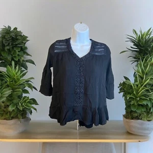 New Direction Womens Peasant Blouse Black Small Crinkle Lace Ruffle Hem Boho - Picture 1 of 6