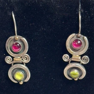 Vintage Garnet Peridot Handcrafted Sterling Silver Dangle Earrings Abstract Art - Picture 1 of 5