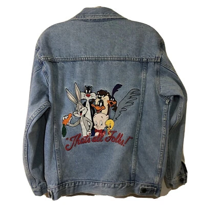 VTG Warner Bros Youth XL Jacket Thats All Folks Embroidered Jean Denim - Image 1 of 4