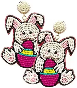 Easter Bunny Earrings Large Seed Beaded Easter Egg Dangle Earrings - Picture 1 of 2