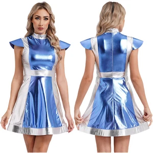 Womens Metallic Shiny Space Fighter Alien Dress-up Outerspace Bodysuit Costume - Picture 1 of 56