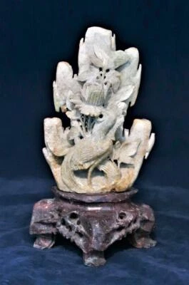 Vintage Chinese Green Red Sculptured Soapstone Fenghuang Phoenix Bird, 9 1/4" - Image 1 of 4