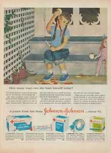 Muñeca Johnson & Johnson 1959 vendaje niña sentada retroceso anuncio impreso de colección - Imagen 1 de 1