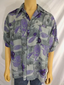 MONZINI Collection Mens Casual Shirt SS Modern Grey Purple Abstract Polyester L - Picture 1 of 8