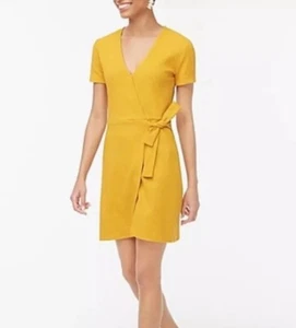 J. Crew Dress Women’s Small Textured Knit Wrap Dress Mustard Yellow Cotton Blend - Picture 1 of 19