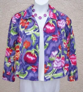 Coldwater Creek Acuarela Floral Algodón Chaqueta Talla L Rojo Rosa Morado BOLSILLOS - Imagen 1 de 8