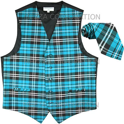 New Men's plaid checks Tuxedo Vest Waistcoat_Necktie Turquoise blue wedding prom - Image 1 of 4
